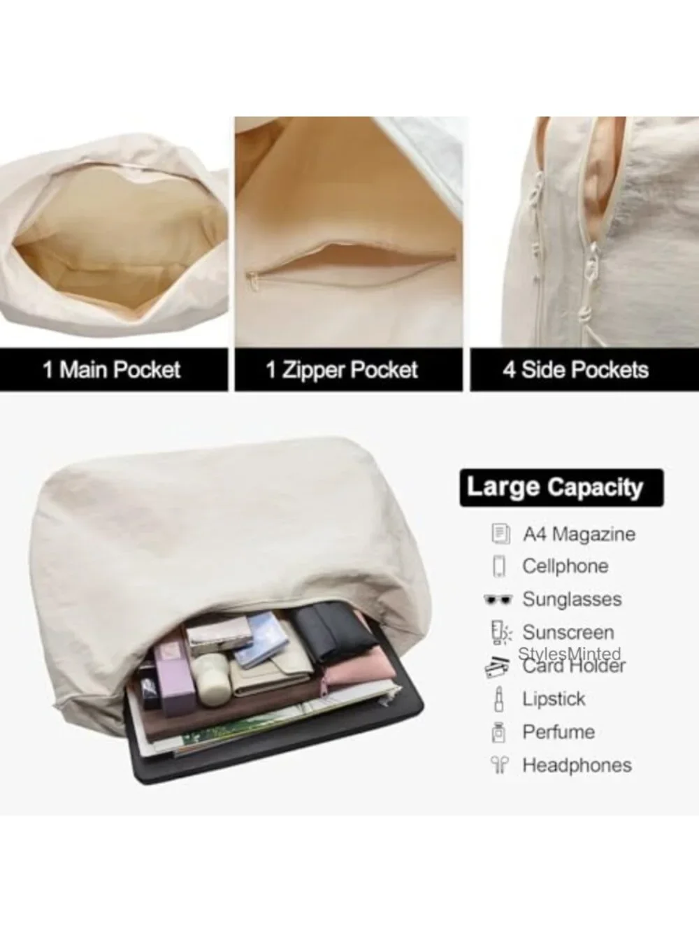 Nylon Slouchy Hobo Tote Bag Large Crescent Shoulder Bag for Women Travel Gym
